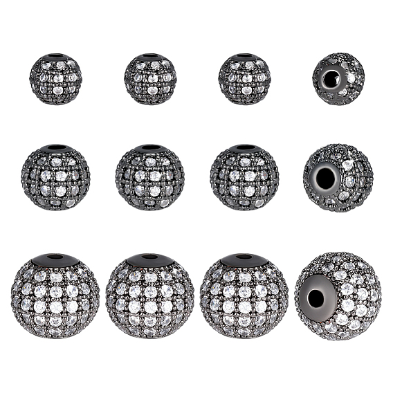 12Pcs 3 Styles Brass Micro Pave Cubic Zirconia Beads, Round