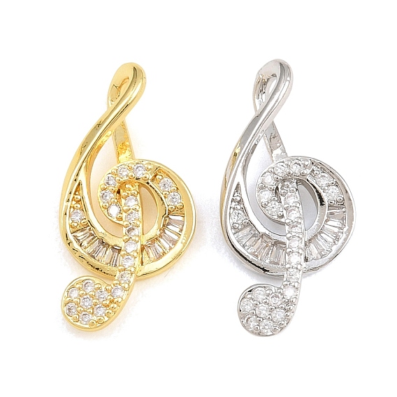 Brass Micro Pave Clear Cubic Zirconia Pendants, Musical Note Charms