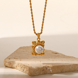 Collier en acier titane de style rétro avec pendentif en or blanc et perle pour femme