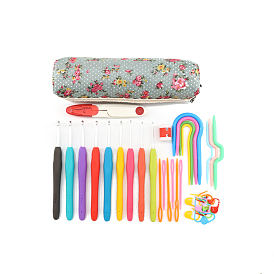 DIY Knitting Tool Kits, including Crochet Hook & Needle, Stitch Marker, Row Counter, Scissor, Flower Pattern Zipper Storage Bag