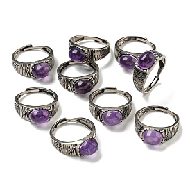 Oval Natural Amethyst Adjustable Rings, Antique Silver Tone Brass Finger Rings for Women