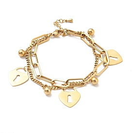 Padlock and Round Ball Charm Multi-strand Bracelet, Vacuum Plating 304 Stainless Steel Double Layered Chains Bracelet for Women