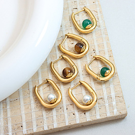 Fashion temperament pearl green agate tiger's eye titanium steel earrings earrings jewelry women do not fade