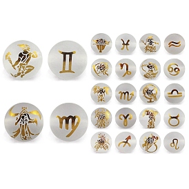 Frosted Natural Quartz Crystal Beads, Round with Double Sided Engraved Gold Constellation