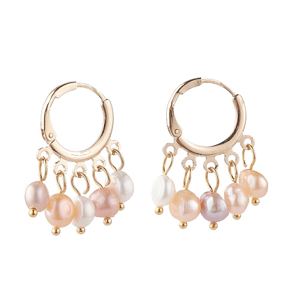 Natural Pearl Dangle Hoop Earrings, Brass Jewelry for Women, Golden