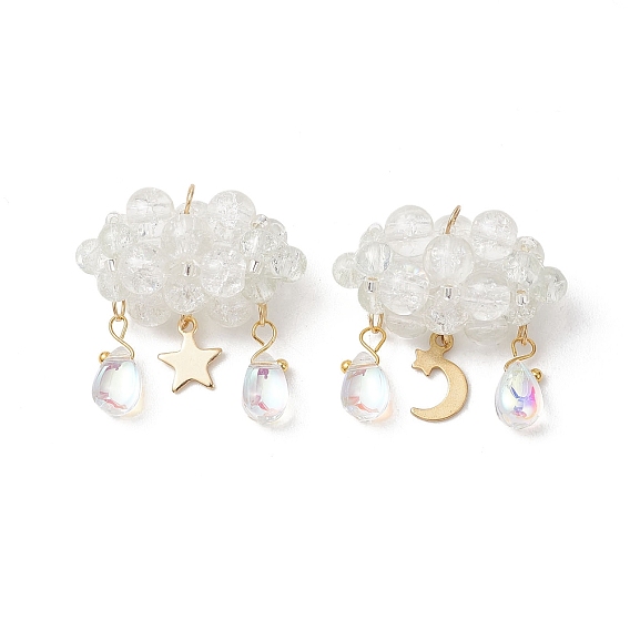 2шт. 2 стили: стеклянные бусины и 304 нержавеющая сталь и 201 подвески из нержавеющей стали, Подвески в виде звезд, луны и облаков, золотые