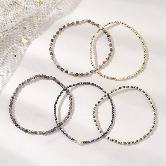 5шт. 5 стили браслеты из натуральных радужных лунных камней, иолита и немагнитного синтетического гематита, эластичные браслеты для женщин, круглые