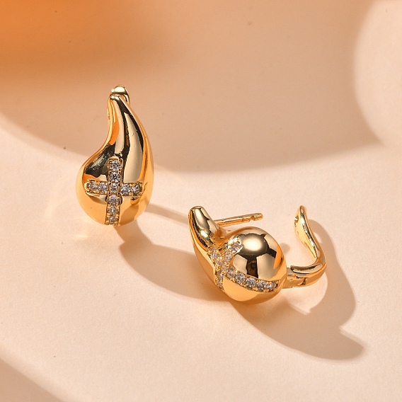 Женские серьги-кольца из латуни с микропаве и прозрачными циркониями, слеза с крестом