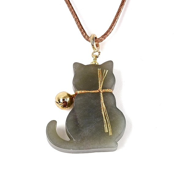 Natural Hetian Jade Cat Pendant Adjustable Cord Necklaces, with Brass & Iron Bells, Golden