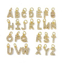 Real 18K Gold Plated Brass Micro Pave Clear Cubic Zirconia Charms, Cadmium Free & Nickel Free & Lead Free, with Jump Ring, Alphabet, Letter A~Z Charm