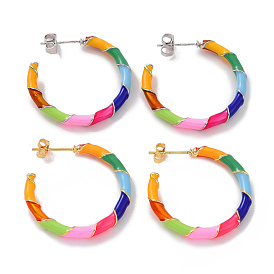 Colorful Enamel Ring Stud Earrings, Brass Half Hoop Earrings for Women