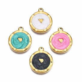 304 Stainless Steel Pendants, with Enamel, Flat Round with Heart, Golden