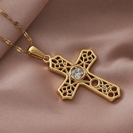 Vintage 304 Stainless Steel Pave Clear Cubic Zirconia Religion Filigree Cross Pendant Necklaces