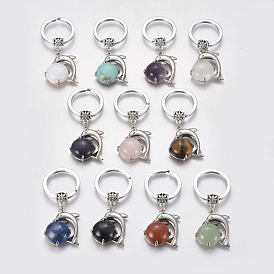 Gemstone Keychain, with Iron Split Key Rings and Brass Finding, Dolphin