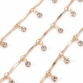Handmade Brass Bar Link Chains, with Clear Cubic Zirconia charms, Soldered, Spool