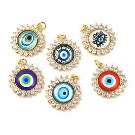 Rack Plating Brass Micro Pave Cubic Zirconia Pendants, with Glass, Long-Lasting Plated, Flower with Evil Eye, with Jump Ring, Real 18K Gold Plated