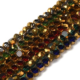 Electroplate Glass Beads Strands, Transparent Color, Half Golden Plated, Faceted, Flat Round