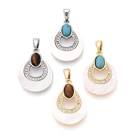 Подвески из драгоценных камней с белыми ракушками, Подвески в форме капли с латунными микропаве из прозрачных кубических цирконий.