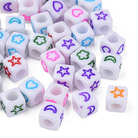 Opaque Acrylic Beads, White Cube with Star & Moon & Heart & Flower