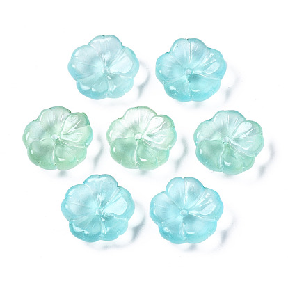 Transparent Spray Painted Glass Beads, Half Frosted, Flower