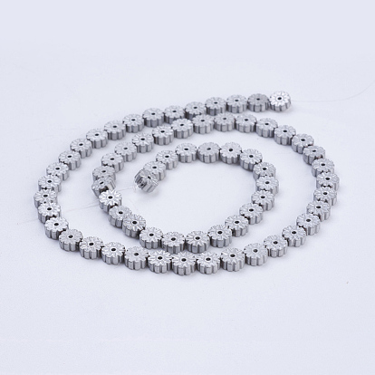 Electroplate Non-magnetic Synthetic Hematite Beads Strands, Frosted, Flat Round with Flower