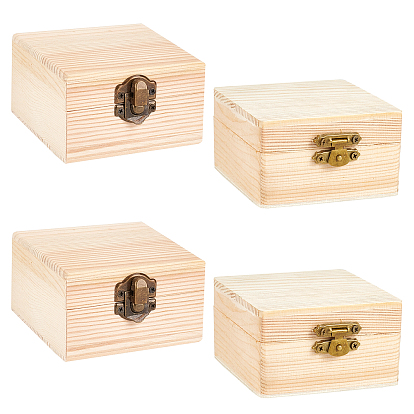 4 Pcs 2 Styles Pinewood Box, Flip Cover Box, with Iron Clasp, Rectangle
