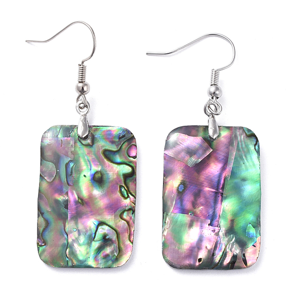 Abalone Shell/Paua Shell Dangle Earrings, with Brass Ice Pick Pinch Bails and Earring Hooks, 
Rectangle