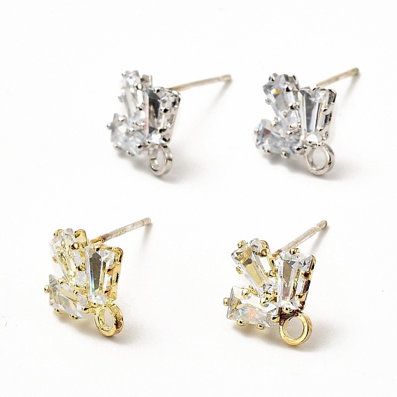 Brass Micro Pave Clear Cubic Zirconia Stud Earring Findings, with Loop, Leaf