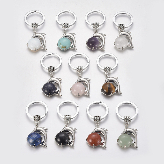 Gemstone Keychain, with Iron Split Key Rings and Brass Finding, Dolphin