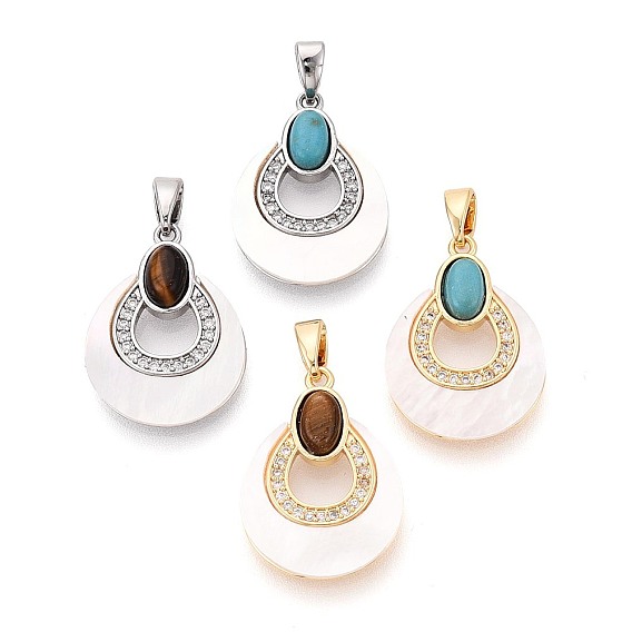 Подвески из драгоценных камней с белыми ракушками, Подвески в форме капли с латунными микропаве из прозрачных кубических цирконий.