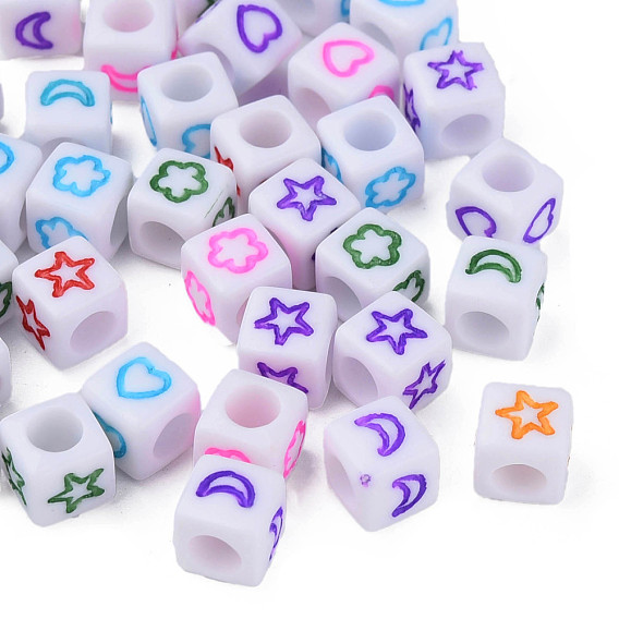 Opaque Acrylic Beads, White Cube with Star & Moon & Heart & Flower
