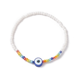 Polymer Clay Evil Eye & Glass Seed Beaded Stretch Bracelet for Women