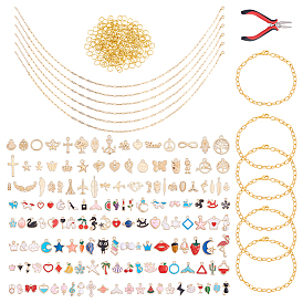 Kits de fabricación de pulseras de bricolaje, incluyendo collares con cadena de clip de papel de acero inoxidable, colgantes de aleación y pulsera de hierro