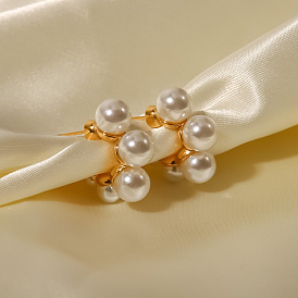 Stylish and Versatile Stainless Steel Pearl Earrings with French C-shaped Flower Design