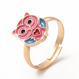 Cerise Enamel Owl with Heart Adjustable Ring, Rack Plating Alloy Jewelry for Women, Nickel Free