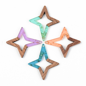 Transparent Resin & Walnut Wood Pendants, with Gold Foil, Star