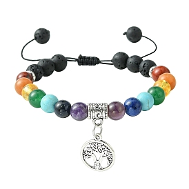 Chakra 8mm Round Gemstone Braided Beaded Bracelets, Adjustable Tree of Life Alloy Charm Bracelets