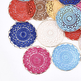 Polycotton(Polyester Cotton) Woven Pendant Decorations, with Brass Findings, Flat Round with Flower, Light Gold