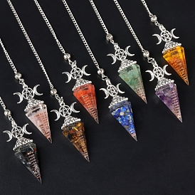 Gemstone Chip & Resin Orgonite Dowsing Pendulum Big Pendants, with Platinum Plated Metal Triple Moon Pentagram, Hexagonal Cone Charm