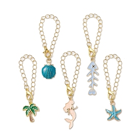 Ocean Theme Alloy Enamel Cup Charms, Brass Cable Chains Cup Hanging Ornament, Mixed Shapes