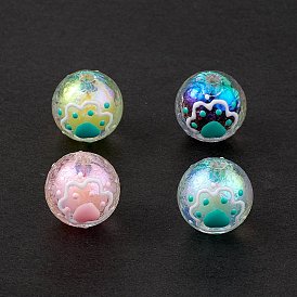 UV Plating Rainbow Iridescent Acrylic Enamel Beads, Round with Cat Paw Print