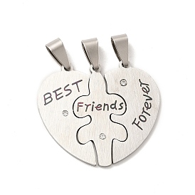 Friendship 201 Stainless Steel Rhinestone Pendants, Split Pendants, Heart with Word Best Friends Forever