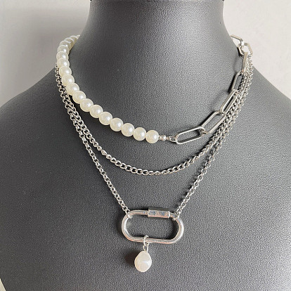 3 шт. пластиковый жемчужный круглый бисер и овальная цепочка с подвеской из сплава 3 многослойные ожерелья для женщин, белые