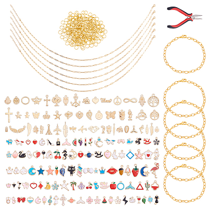 Kits de fabricación de pulseras de bricolaje, incluyendo collares con cadena de clip de papel de acero inoxidable, colgantes de aleación y pulsera de hierro
