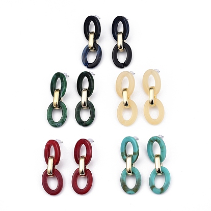 Acrylic & CCB Plastic Cable Chains Dangle Stud Earrings, with 304 Stainless Steel Pins and Plastic Ear Nuts, Oval, Golden & Stainless Steel Color