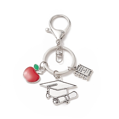 Tibetan Style Alloy Doctor Hat & Book Pendant Keychain with Apple Resin Charms, for Graduation Gifts