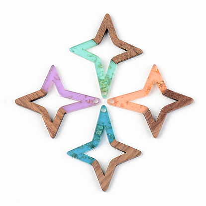 Transparent Resin & Walnut Wood Pendants, with Gold Foil, Star