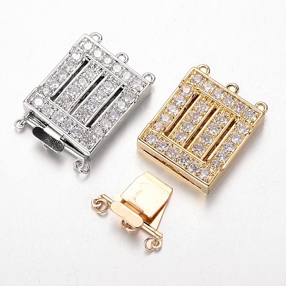 Brass Cubic Zirconia Box Clasps, Cadmium Free & Nickel Free & Lead Free, Rectangle, 32.5x22x6.4mm, Hole: 1.5 & 2.5mm