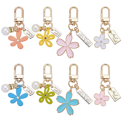 8Pcs 8 Style Alloy & Resin Enamel Pendant Keychains, with Alloy Key Clasps, Flower & Rectangle