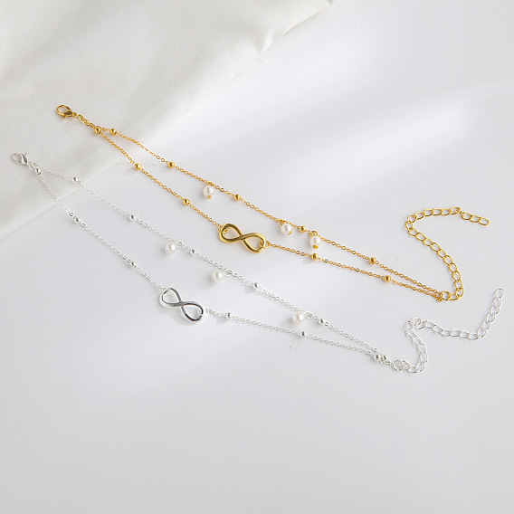 Двухслойные браслеты на ногу из сплава Infinity Link, с пластиковой имитацией жемчуга